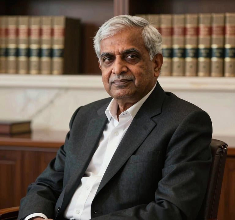 A professional portrait of a senior South Asian legal scholar in a black suit, sitting in a refined office. Background features soft-focus law books and ivory marble. Elegant studio lighting, authoritative expression.