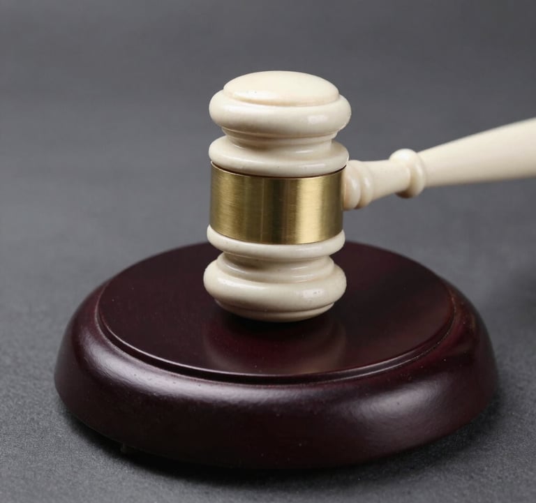 Clean, minimalist photography of an ivory gavel on a polished dark wood base, highlighting textures and metallic gold bands.