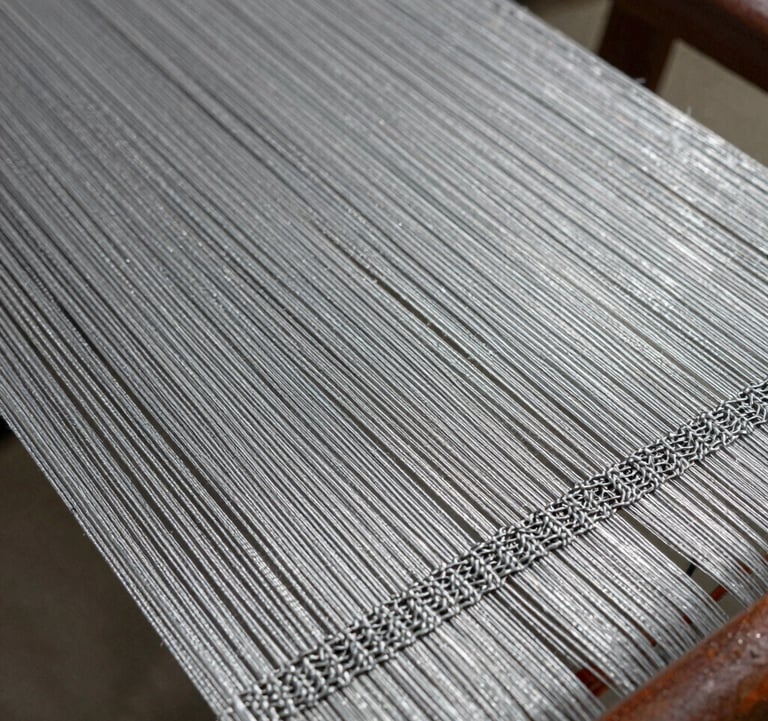 Close-up macro photography of silver metallic silk threads being woven into a complex pattern, showcasing the intricate detail and luxury quality of Surat textile engineering.