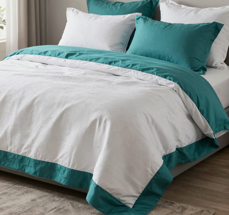 A premium lifestyle shot of high-quality white and teal home textiles arranged in a luxurious South Asian / Indian modern interior, with soft natural light highlighting the fine thread count and texture.
