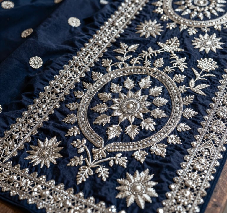 A detailed close-up of intricate traditional Indian embroidery on high-fashion ethnic wear, featuring silver threads against a deep navy background, showcasing ultra-premium craftsmanship.