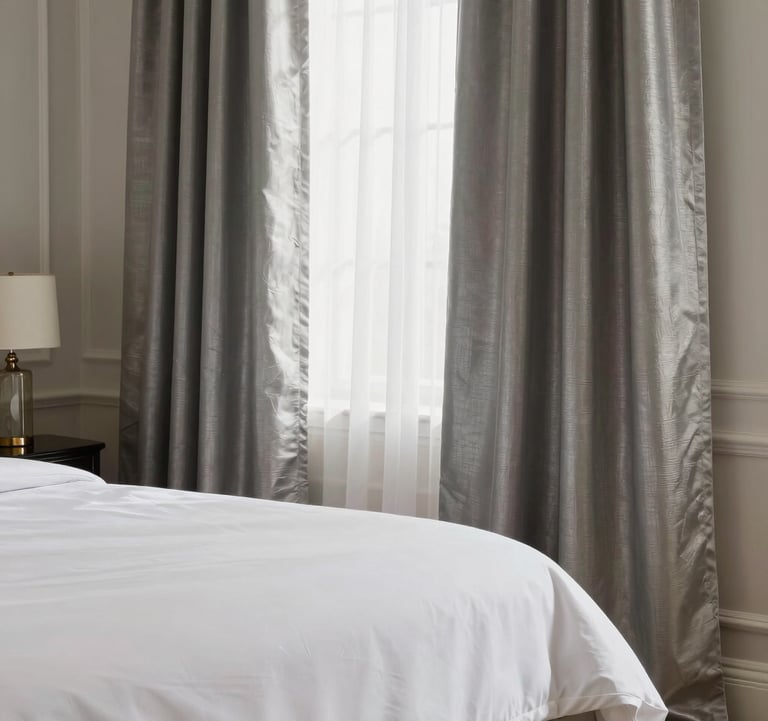 A professional interior photography shot of an upscale South Asian / Indian living space featuring premium home textiles. High-thread-count white bedsheets and elegant silver-toned curtains are showcased with soft, natural lighting creating an atmosphere of sophistication.