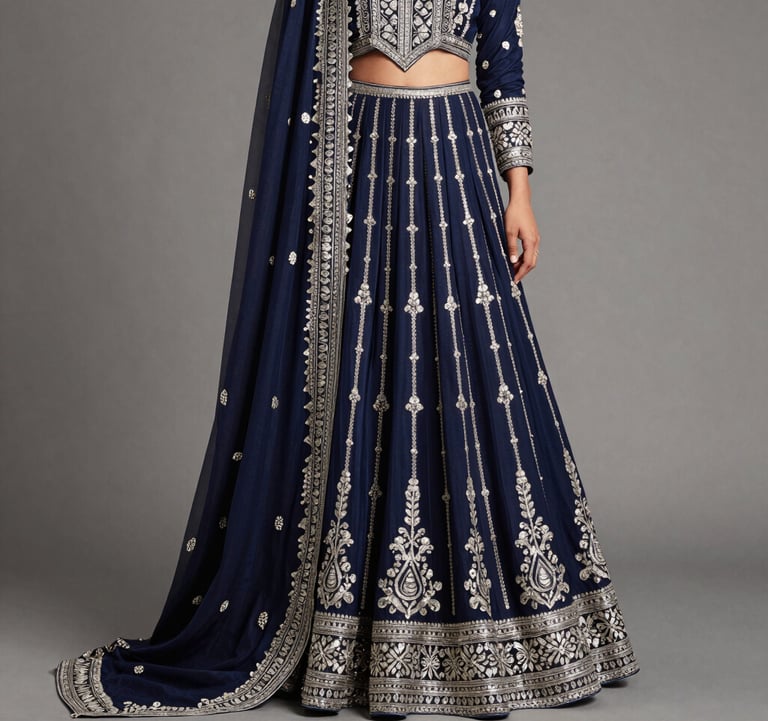 A studio product photograph of a designer South Asian / Indian ethnic garment. The piece features intricate silver zari work on a deep navy fabric, draped elegantly to showcase the premium quality and craftsmanship of Surat's clothing industry.