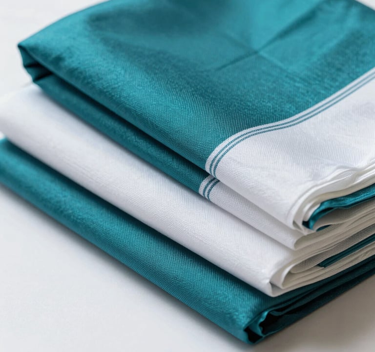 A close-up photograph of high-end South Asian / Indian fabrics, featuring folded rolls of teal silk and white cotton georgette. The lighting is crisp and modern, emphasizing the premium texture and weave of the export-quality textiles in a bright studio setting.