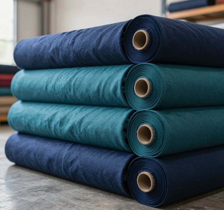 Detailed photography of high-quality navy blue and teal fabric rolls stacked neatly in a clean, modern warehouse in a South Asian / Indian setting, with soft natural light highlighting the premium textures.