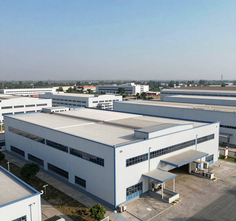 An aerial view of a state-of-the-art textile manufacturing plant in Surat, with clean architectural lines and a professional industrial aesthetic under a bright, clear sky.