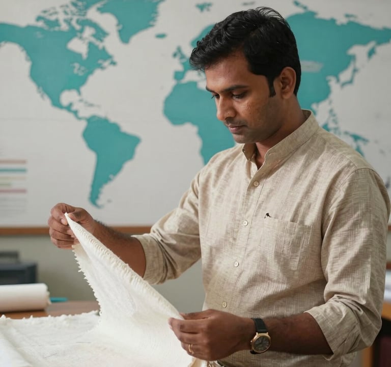 A professional South Asian / Indian export specialist in modern attire inspecting a sample of fine cotton fabric against a backdrop of a global shipping map with teal accents.