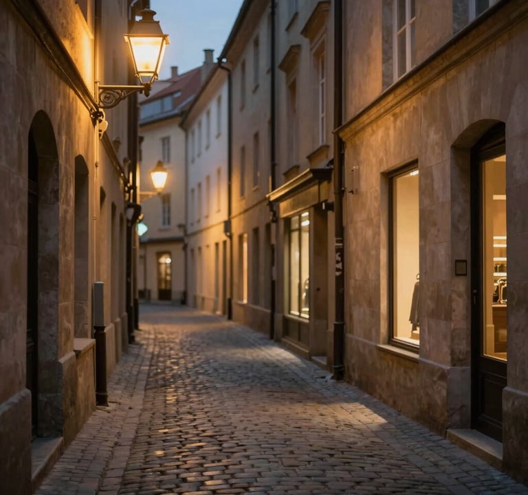 A narrow European cobblestone alleyway during the blue hour, with warm golden light spilling from vintage street lamps and shop windows. The scene uses earthy tones of #A1775E and #D3B386 to create a cozy, inviting atmosphere.