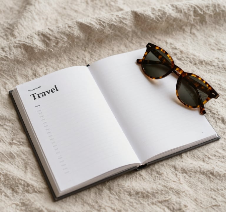 A top-down view of an open travel guide and a pair of tortoiseshell sunglasses on a soft linen cloth of #F8F4EF color. The scene is bathed in natural light, with warm tones of #D3B386 suggesting an elegant, relaxed preparation for a trip.