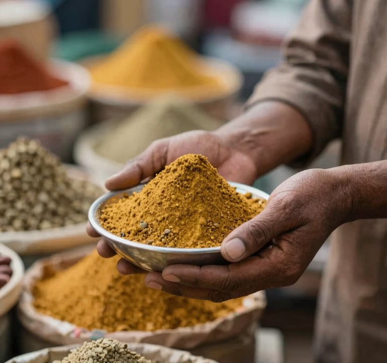Close-up of a local market vendor's hands holding a heap of colorful, textured spices in a traditional bowl. Soft, natural lighting highlighting the warm browns and golds of #A1775E and #D3B386. Intimate and authentic vibe.
