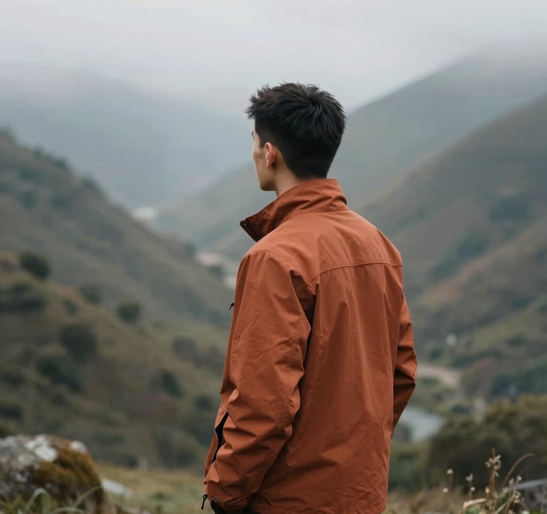 A vertical shot of a traveler looking out over a misty valley, wearing an earthy terracotta #A1775E jacket. Elegant and natural composition.