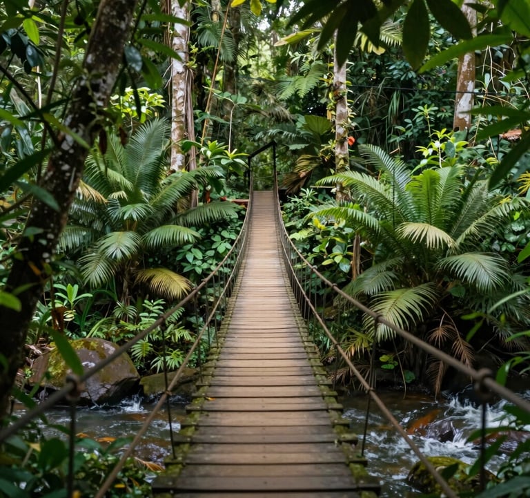 A lush tropical jungle scene with a wooden suspension bridge crossing a stream. The greenery is vibrant, complemented by the rich wood tones of #A1775E. The composition is balanced and peaceful, showing the raw beauty of the wild.