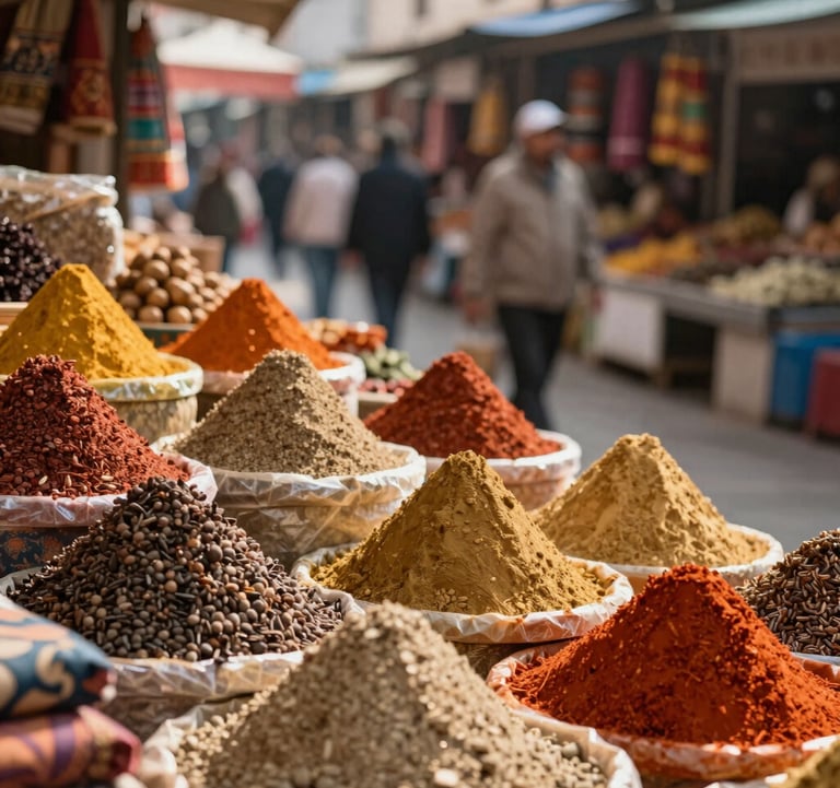 A vertical photo of a local market in a foreign city, focusing on colorful spices and textiles. The warm palette includes #D3B386 and #A1775E, captured with natural sunlight.