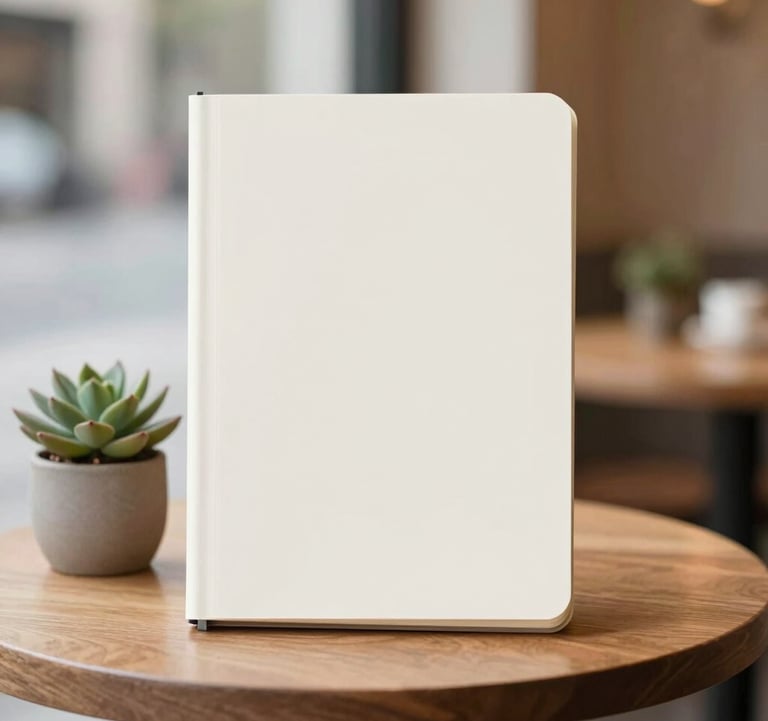 A cozy café corner with a small notebook and a succulent plant. Minimalist and elegant with brand colors #F8F4EF and #4A3D36.