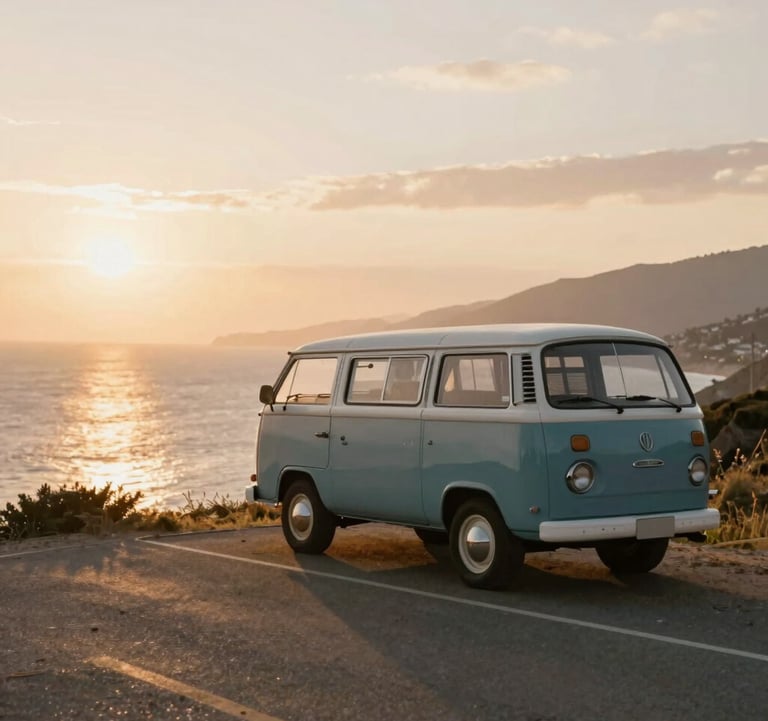 A landscape photo of an old van parked on a coastal road during the golden hour. The sunlight reflects shades of #D3B386 on the water. A feeling of freedom and adventure.