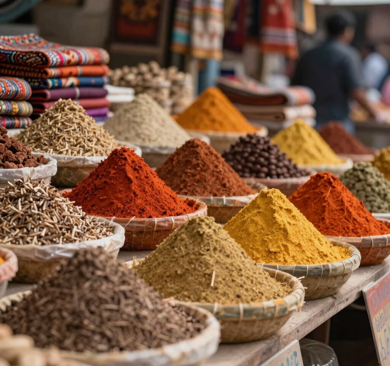 A close-up of a rustic local market with colorful spices and textiles in warm tones like #D3B386 and #A1775E. Soft, atmospheric lighting.