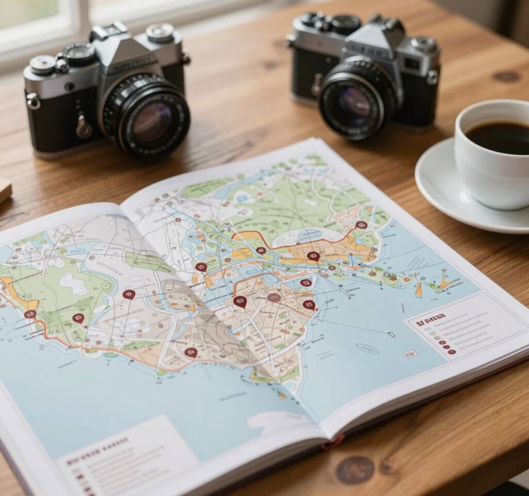 An overhead shot of an open paper map, a vintage camera, and a cup of coffee on a wooden table, incorporating the brand colors #D3B386 and #4A3D36. Natural window lighting.