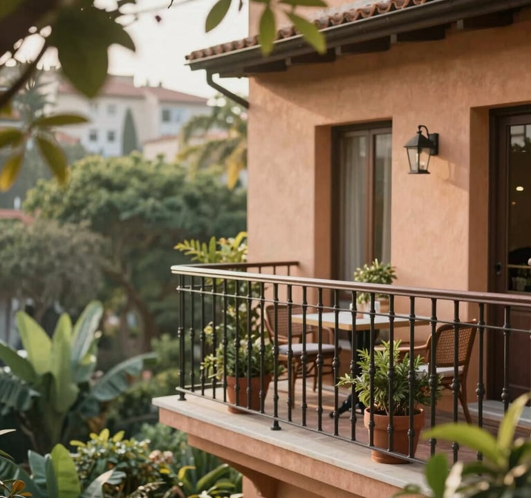 A boutique hotel balcony with a wrought-iron railing overlooking a lush garden. The building has earthy terracotta tones (#A1775E). Soft, inviting morning light filters through the leaves. Informal and inspiring travel vibes.