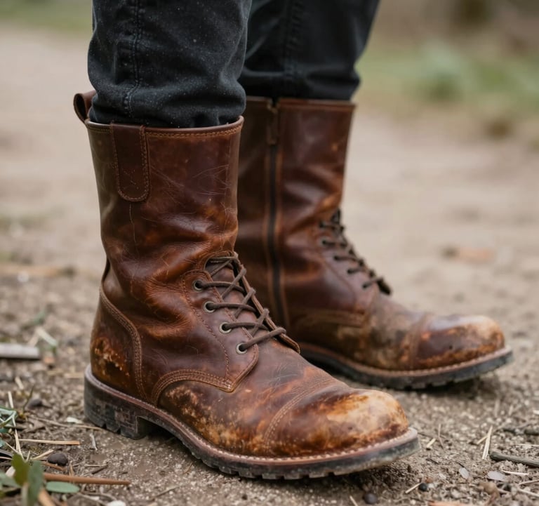 A pair of worn leather boots on a dirt path, symbolizing the journey. Rich brown #4A3D36 and tan #D3B386 highlights.