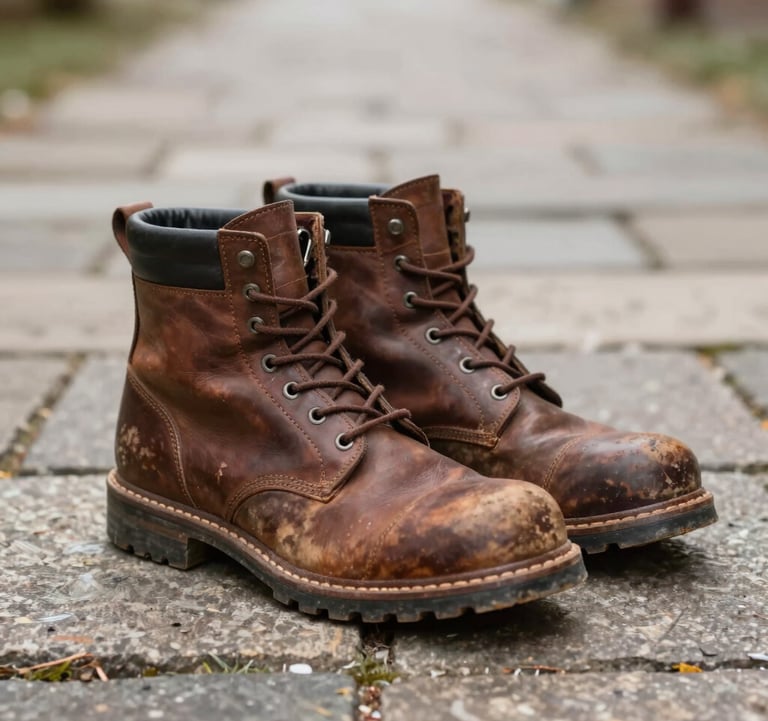 A detail shot of a pair of worn leather travel boots resting on a stone path. The textures are rich with #4A3D36 and #A1775E colors, representing the journey and the path taken.
