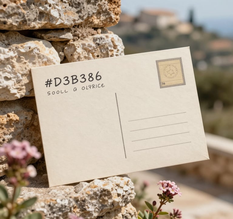 Close-up of a hand-written postcard on a rustic stone wall next to a small flowering plant. The background shows a soft-focus Mediterranean landscape. Incorporates warm earthy tones of #D3B386 and #A1775E for a personal touch.