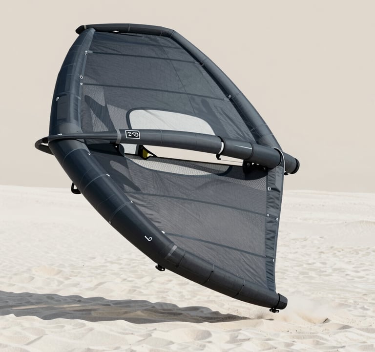 A close-up of a high-performance kitesurfing wing resting on white sand. The texture of the fabric is visible. Minimalist composition with a focus on lines and gear. Colors include the deep charcoal of #2C3539 against the sand's #FAF8F5.