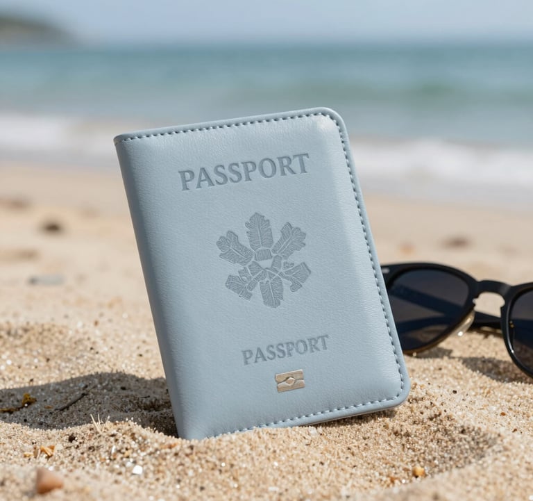 A close-up of a high-quality travel passport holder and a pair of designer sunglasses on a sandy beach, blurred ocean in the background, sophisticated and minimal, #DDCAB8 and #FAF8F5.