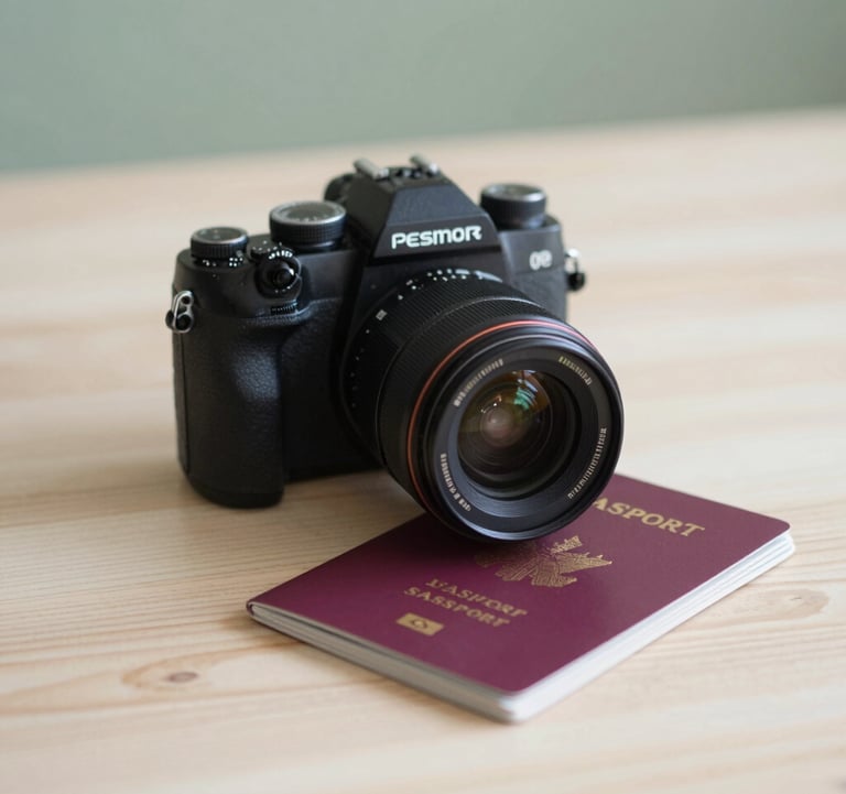 A close-up aesthetic shot of a professional camera and a passport on a minimalist wooden surface, surrounded by hints of #7E8A7F sage greenery. The image conveys high-end travel and professional content creation with a calm, curated mood.