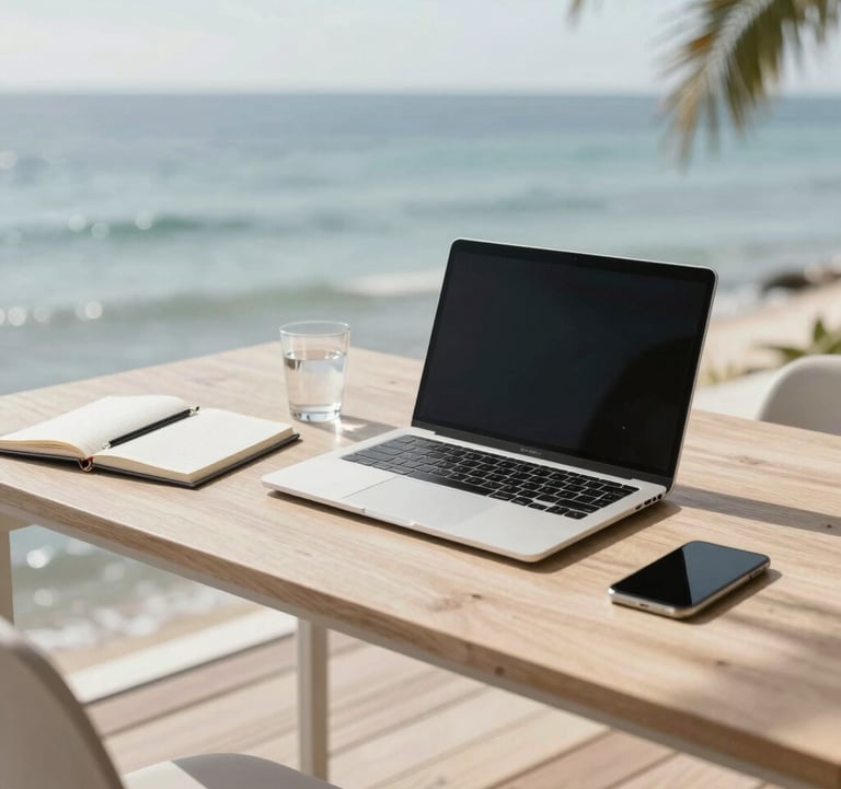 An overhead shot of a minimalist workstation on a wooden deck by the ocean. A high-end laptop, a notebook, and a glass of water. The scene is bathed in natural, bright light with soft shadows of palm fronds, using #FAF8F5 and #7E8A7F tones.