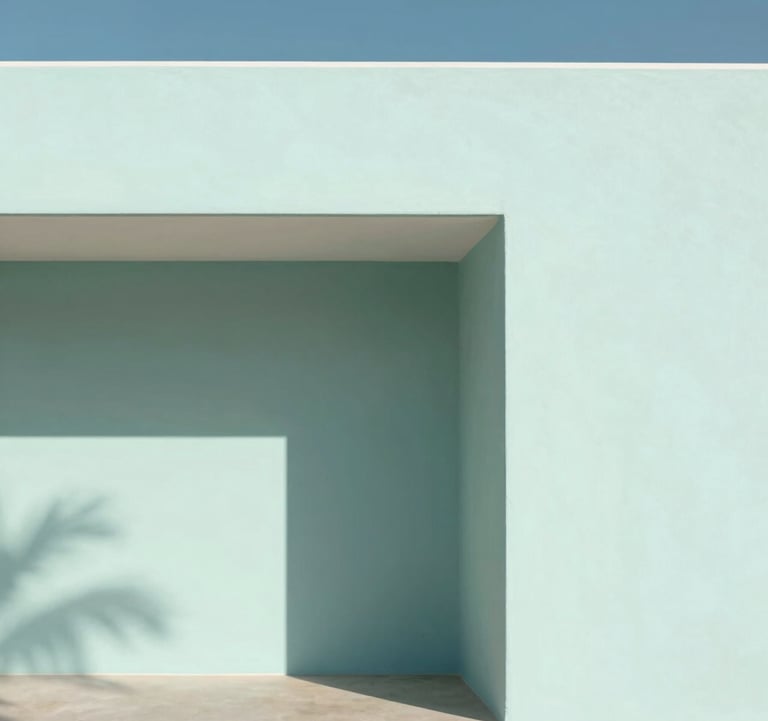 A minimalist architectural detail of a coastal villa. Strong shadows against a #FAF8F5 wall with a hint of a #7E8A7F plant leaf visible. Clean lines and high contrast.