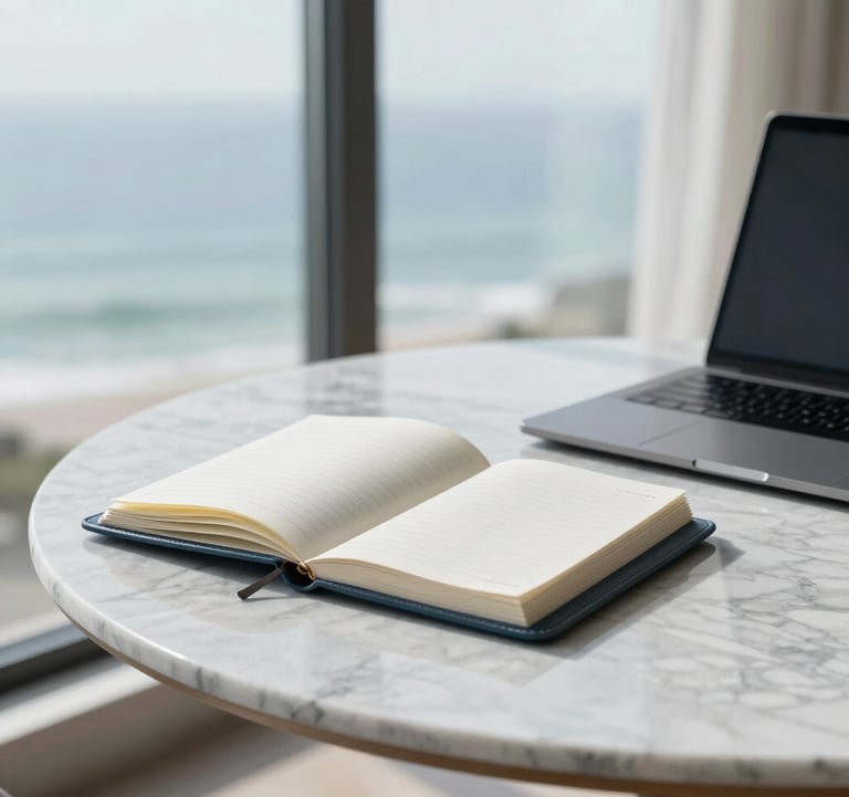 A minimalist, editorial photo of an open high-end leather planner and a sleek laptop on a marble table by a large window overlooking the coast. Soft morning light, aesthetic and sharp, incorporating #DDCAB8 and #2C3539.