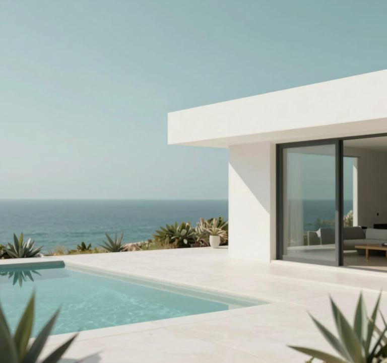 A shot of a minimalist luxury villa overlooking the ocean, clean lines, white walls, and sage green plants, #FAF8F5 and #7E8A7F.