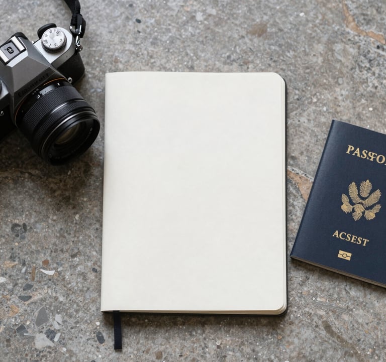 A top-down shot of a traveler's essentials on a stone surface: a high-end camera, a minimalist notebook, and a passport. The palette is dominated by #FAF8F5 and #2C3539, exuding quiet luxury.