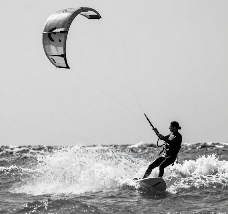 A candid, sharp photo of Ligia kite-surfing, her silhouette dark against the white spray of a wave. Energetic yet curated, #2C3539 and #FAF8F5.
