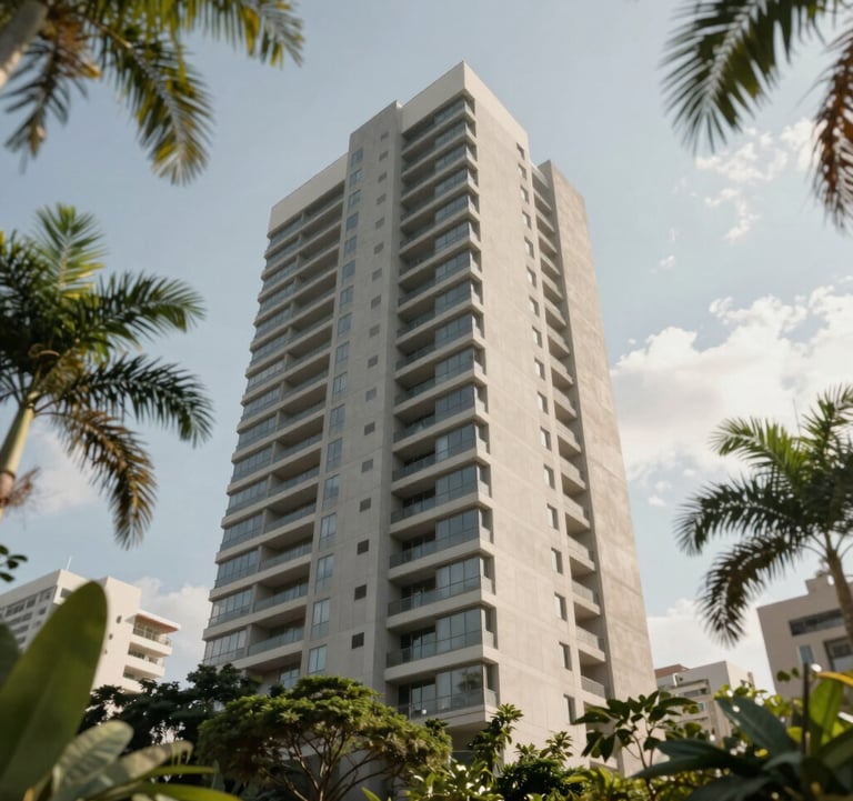 A low-angle shot of a sleek, modern architectural building in Brazil, surrounded by lush green tropical foliage. The aesthetic is clean and high-end, focusing on the intersection of structure and nature, featuring #7E8A7F and #FAF8F5.