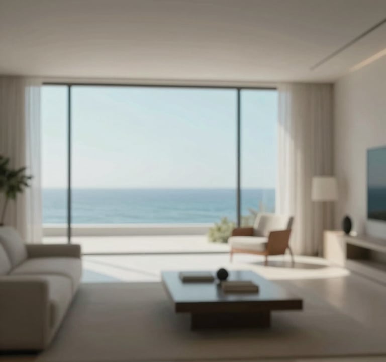 A luxury interior shot of a modern, open-plan space overlooking the ocean. Minimalist decor in #FAF8F5 and #DDCAB8 tones, with a focus on large windows and a sense of strategic freedom and calm authority.