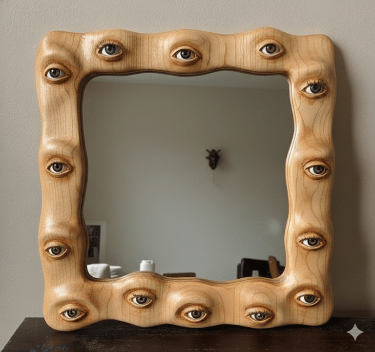 Marco de espejo de madera ondulada y surrealista con ojos tallados de manera realista 