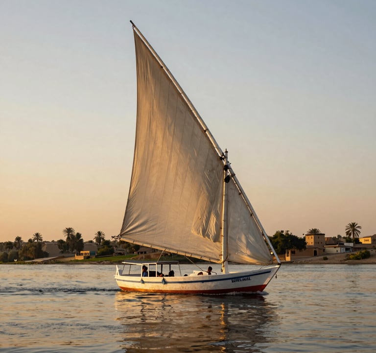 A luxury Dahabiya boat with alabaster white sails gliding peacefully on the Nile River in a North African / Egyptian landscape. The water reflects the warm antique gold hues of the setting sun.