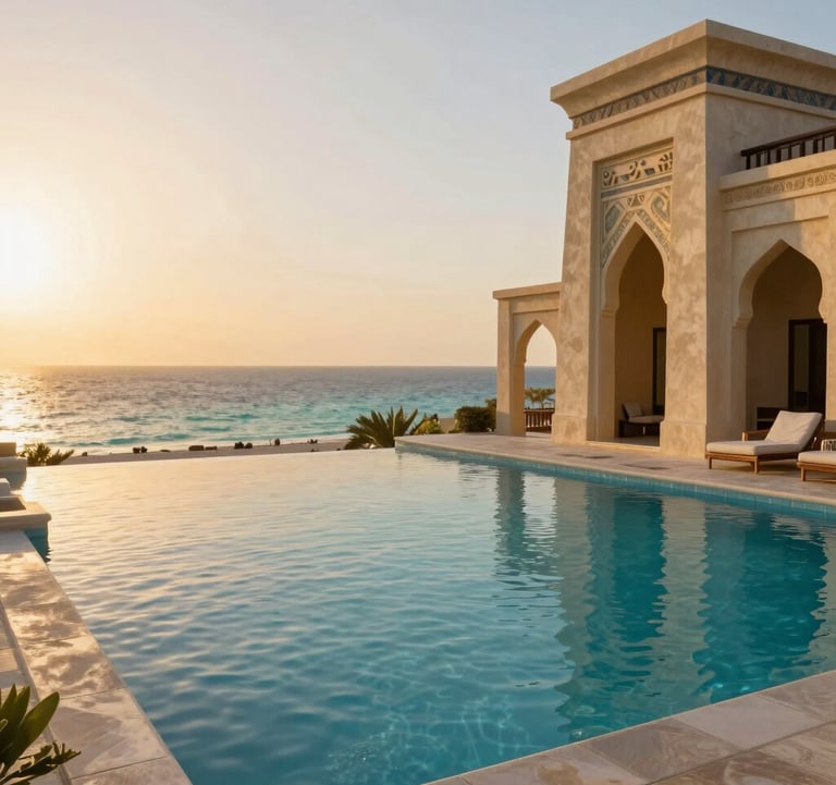 A luxury infinity pool at a premium resort in Hurghada, overlooking the turquoise Red Sea. The architecture is a modern take on Egyptian style in Soft Alabaster. The scene is bathed in the warm light of a Burnished Gold sunset.