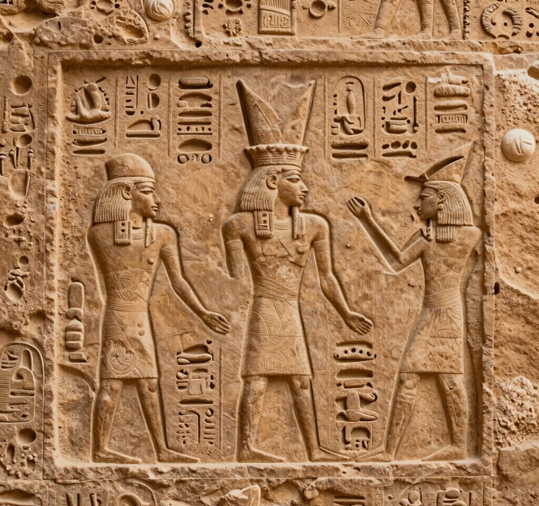 Macro photography of intricate ancient hieroglyphics carved into a desert sand colored stone wall in a North African / Egyptian temple, with soft side-lighting highlighting the relief details.