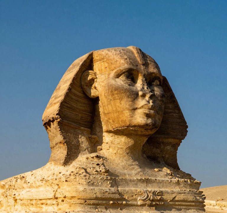A symmetrical close-up photograph of the Great Sphinx of Giza. The stone is illuminated by the morning sun, casting warm gilded gold tones against the deep Egyptian blue of the sky.