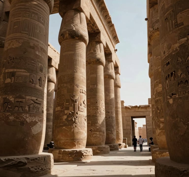 A professional photograph of the towering columns at Luxor Temple. The stone is a rich Warm Sand color, with Deep Egyptian Teal shadows creating a dramatic atmosphere. A couple on a private tour in a North African / Egyptian setting is visible in the distance.