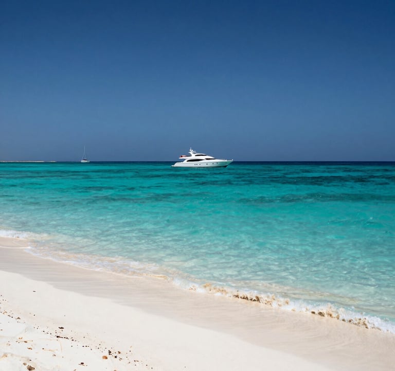Pristine turquoise waters of a Red Sea resort in Egypt. Alabaster white sand in the foreground and a luxury yacht floating in the distance under a clear deep blue sky.