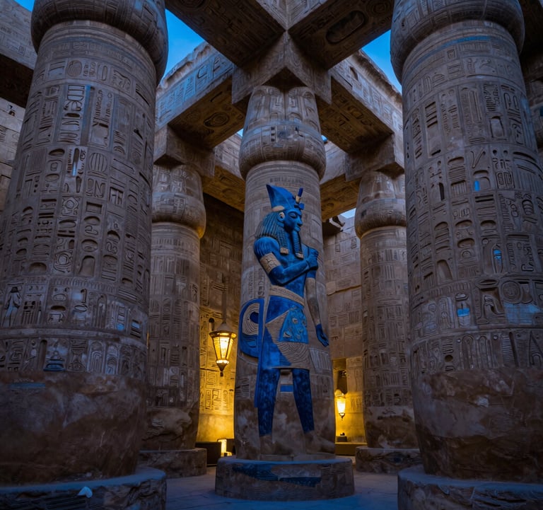 The interior of Luxor Temple at dusk, showing the massive sandstone columns. Deep Egyptian blue shadows fill the spaces between pillars, while gilded gold lantern light illuminates the detailed hieroglyphs.