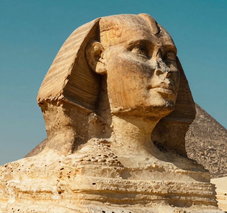 A breathtaking close-up of the Great Sphinx at Giza. The texture of the ancient stone is highlighted by the midday sun in Warm Sand tones. The sky behind it is a clear, vibrant Deep Egyptian Teal.