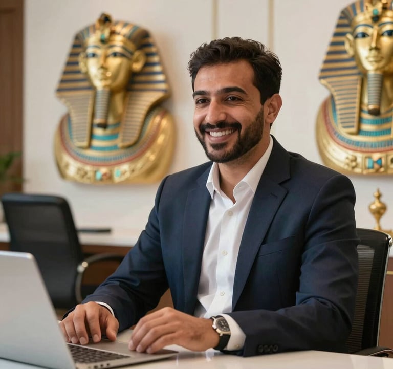 A professional North African / Egyptian travel consultant in a modern, luxury office with Pharaonic art pieces in the background. They are smiling warmly, representing high-end hospitality.