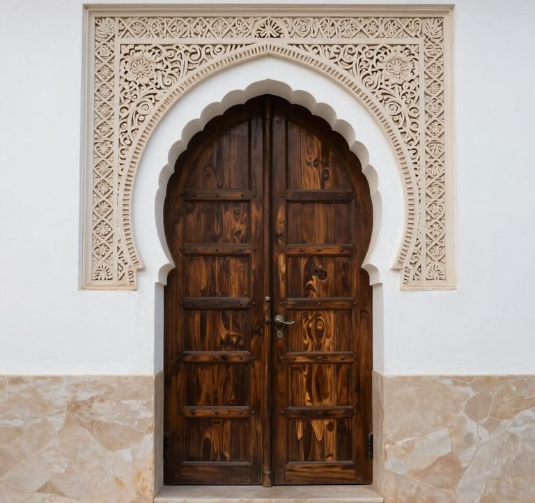 A classic Moroccan arched doorway in Tanger, made of dark espresso wood, framed by pearly off-white stone carving.