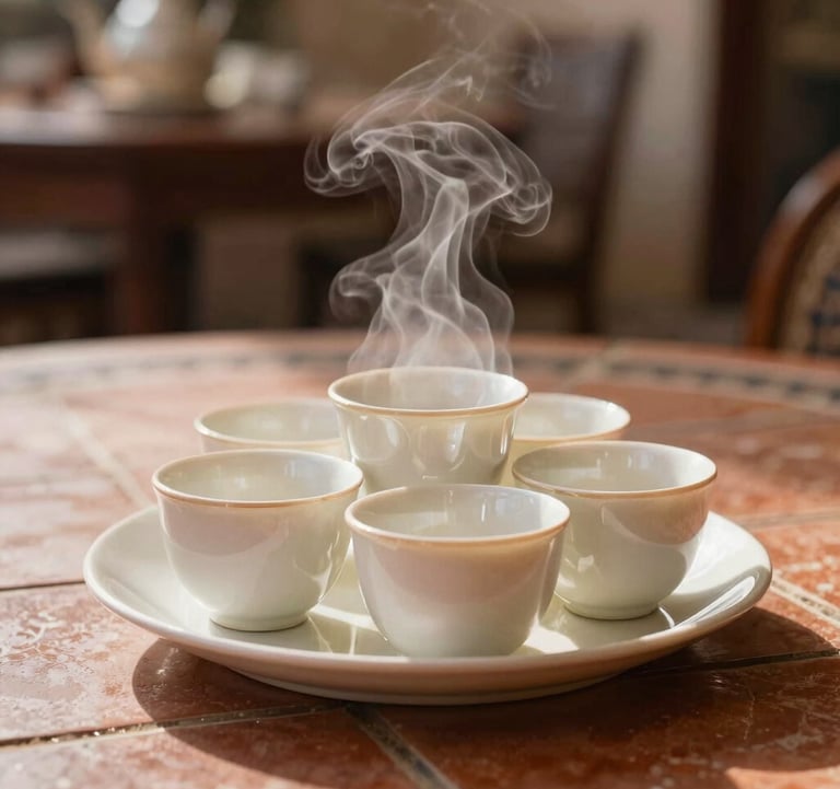 Close up of a traditional Moroccan tea set on a warm terracotta tiled table, with soft morning light illuminating the steam from the pearly off-white cups.
