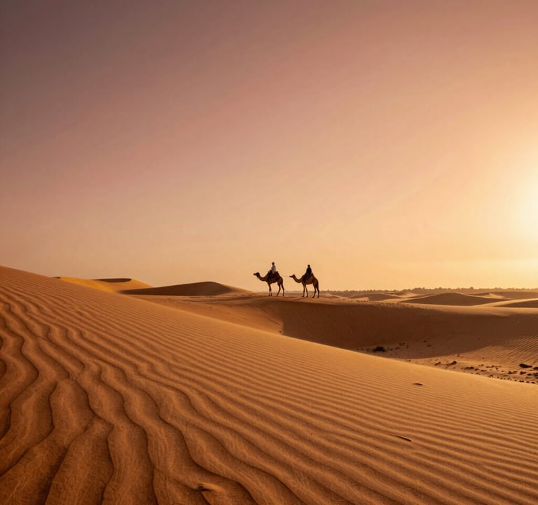 A wide, golden beach in Agadir during late afternoon, with soft desert sand dunes in the foreground and a silhouette of a camel rider against a warm terracotta sunset.