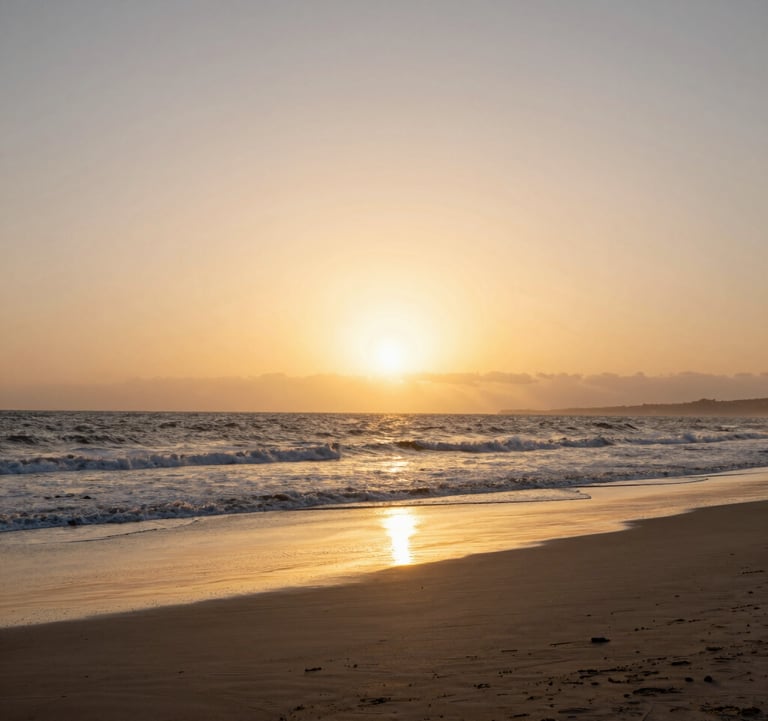 A landscape shot of the beach in Agadir at sunset. The sky is a mix of golden sand tan and soft cream. The Atlantic waves are gentle, and the sand reflects the warm evening light.